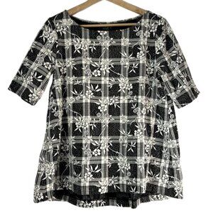 EUC LOFT Outlet black/gray/white plaid floral knit blouse